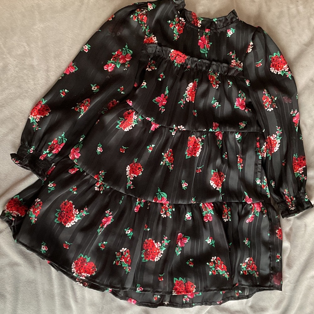 Girls Black Floral Tiered Dress